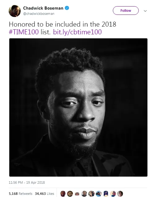 Chadwick menjadi orang berpengaruh versi majalah Time. © Twitter.com/Chadwickboseman