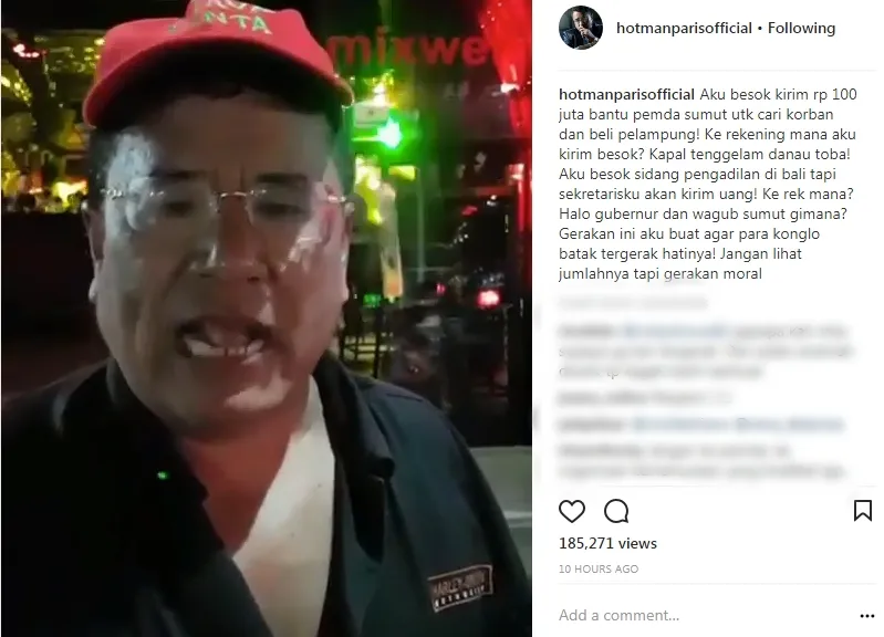 Hotman Paris ingin menggerakkan hati para konglomerat untuk membantu korban kecelakaan di Danau Toba. (instagram.com/hotmanparisofficial)