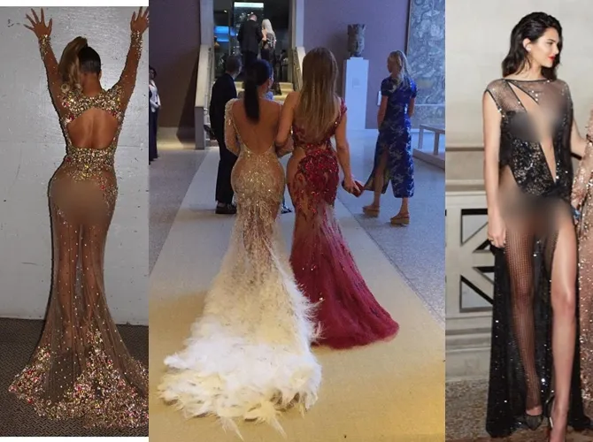 Gaun semi telanjang ini pernah mendominasi MET Gala. (ki-ka: Beyonce, Kim Kardashian, J-Lo, dan Kylie Jenner) © Istimewa