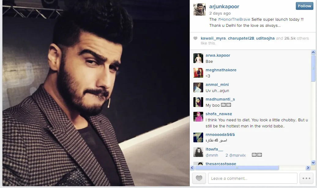 Foto Selfie Arjun Kapoor yang menggoda para wanita @instagram.com/arjunkapoor