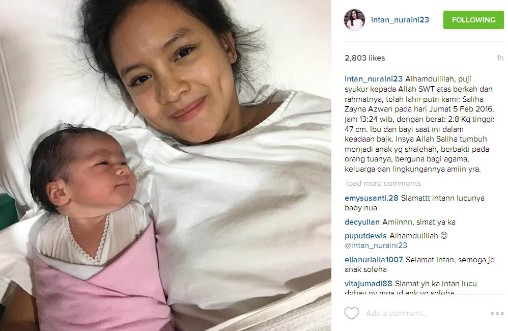 Intan Nuraini lahirkan anak keduanya © Instagram.com/intan_nuraini23