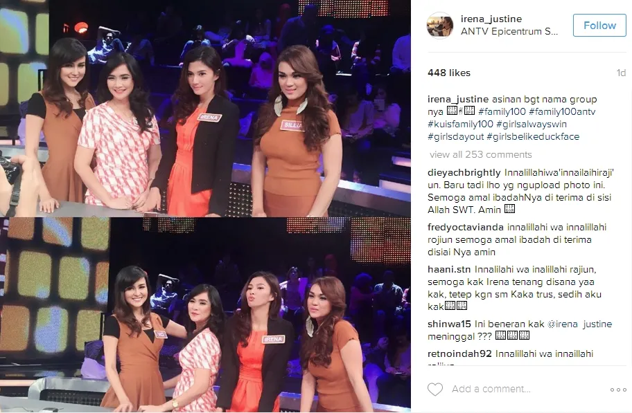 Sehari sebelum meninggal, Irena Justine masih syuting kuis ©instagram/irena_justine