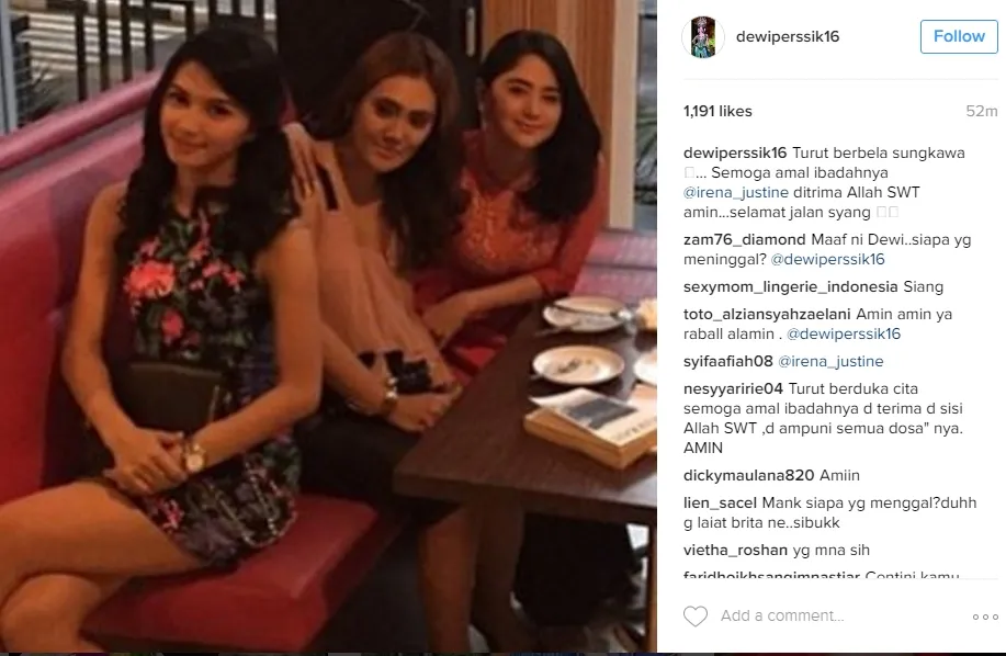 Depe turut berduka atas kematian Irena ©instagram/dewiperssik16