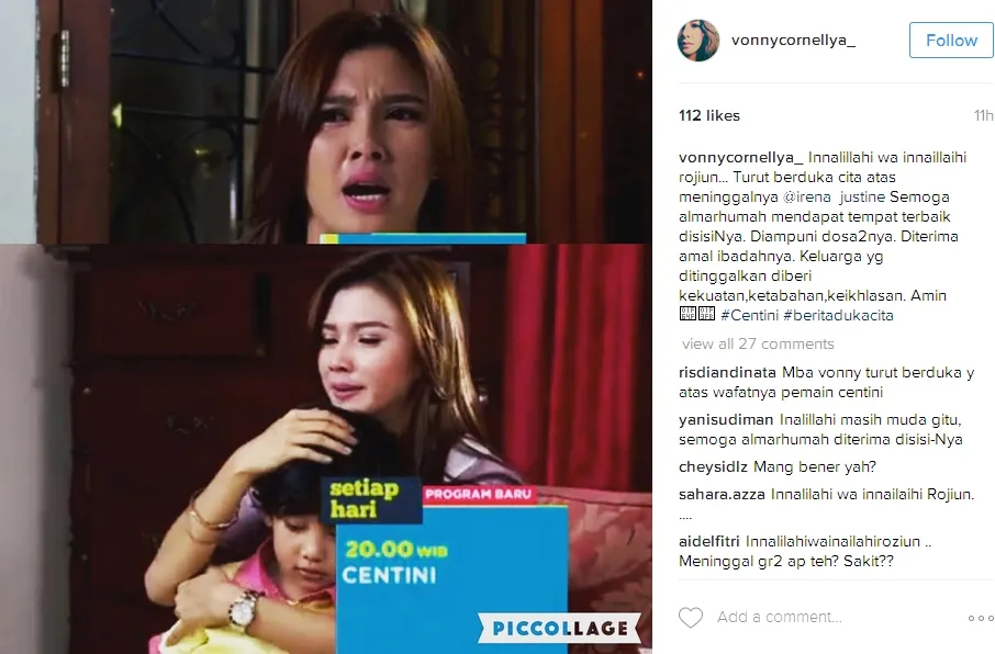 Vonny berduka atas meninggalnya Irena ©instagram/vonnycornellya_