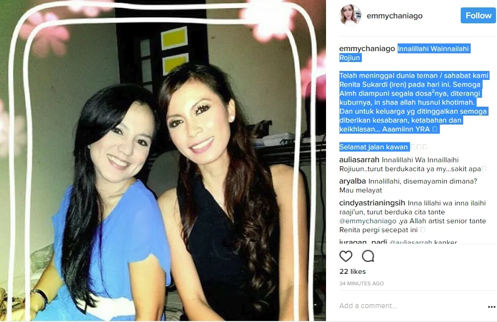 Sahabat Renita Sukardi mengungkap rasa bela sungkawa. ©instagram.com/emmychaniago