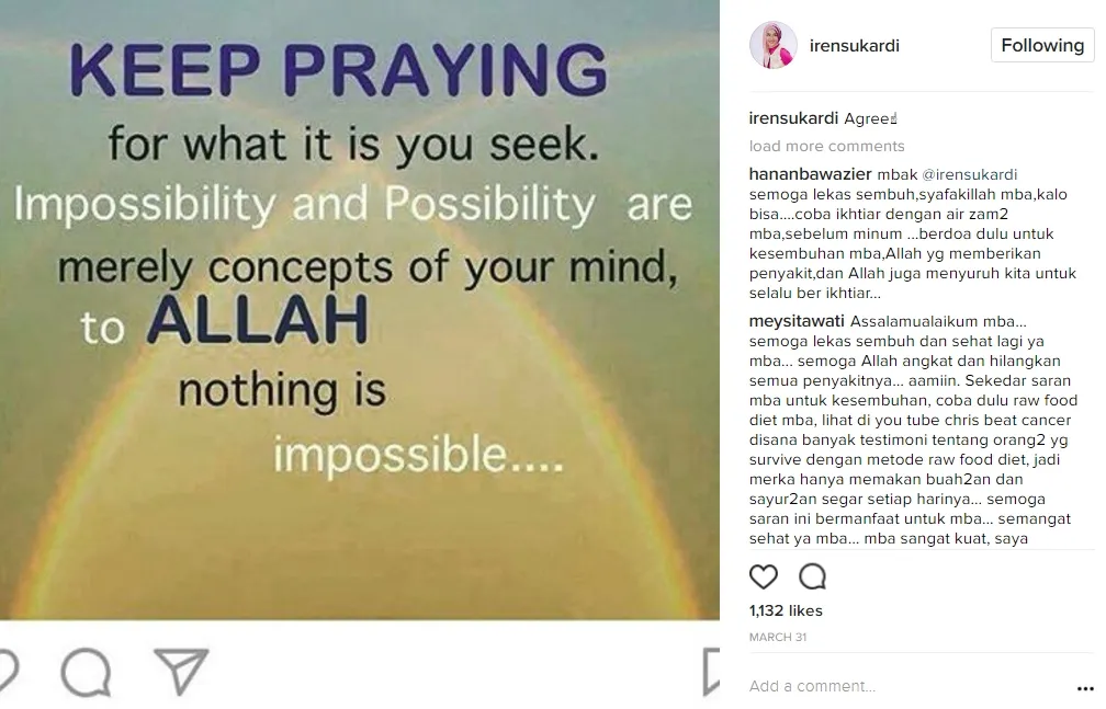 Renita Sukardi berjuang keras melawan penyakitnya. © instagram.com/irensukardi