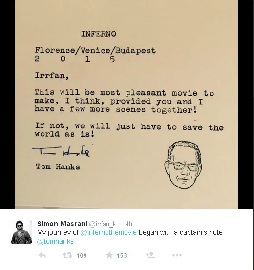 Ini dia pesan dari Tom Hanks yang ditujukan untuk aktor Bollywood berbakat Irrfan Khan @twitter.com/irrfan_k