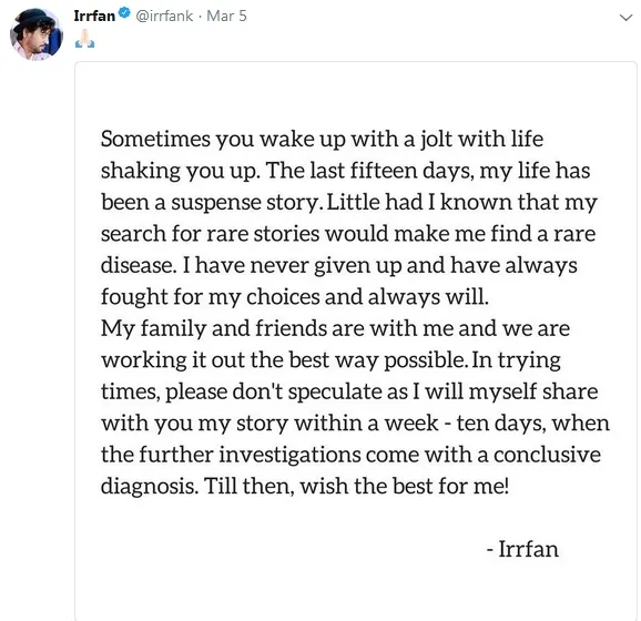 Irrfan ungkap sakit yang ia derita lewat Twitter ©irrfank