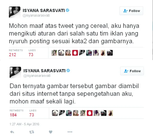 Penjelasan Isyana tentang postingannya © Twitter.com/isyanasarasvati