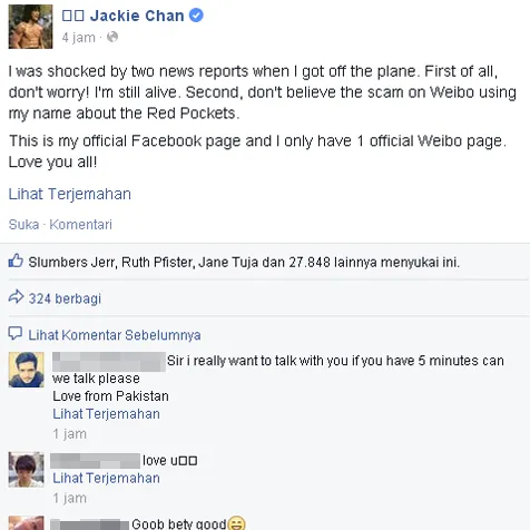 Jackie masih hidup, kabar kematiannya hanya hoax! @ Facebook Official Jackie Chan