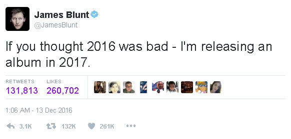 Melempar candaan yang terkesan satir di Twitter, James Blunt katakan akan merilis album baru di tahun 2017 © twitter.com/JamesBlunt