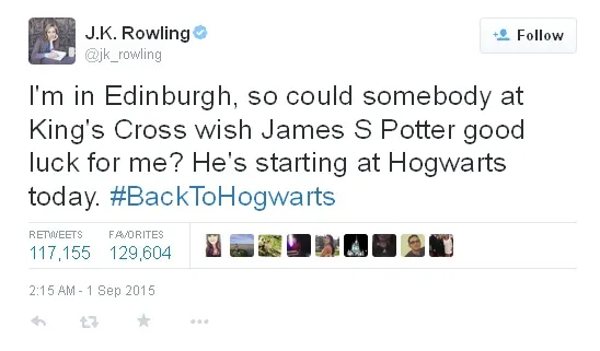 JK Rowling memberi info kalau putra pertama Harry masuk Hogwarts © twitter.com/jk_rowling