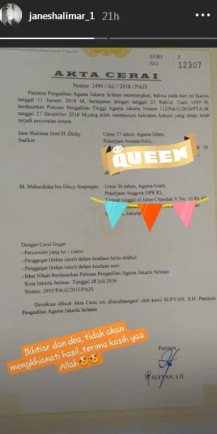 Jane Shalimar akhirnya pegang akta cerai dari Didi Soekarno ©instagram/janeshalimar_1