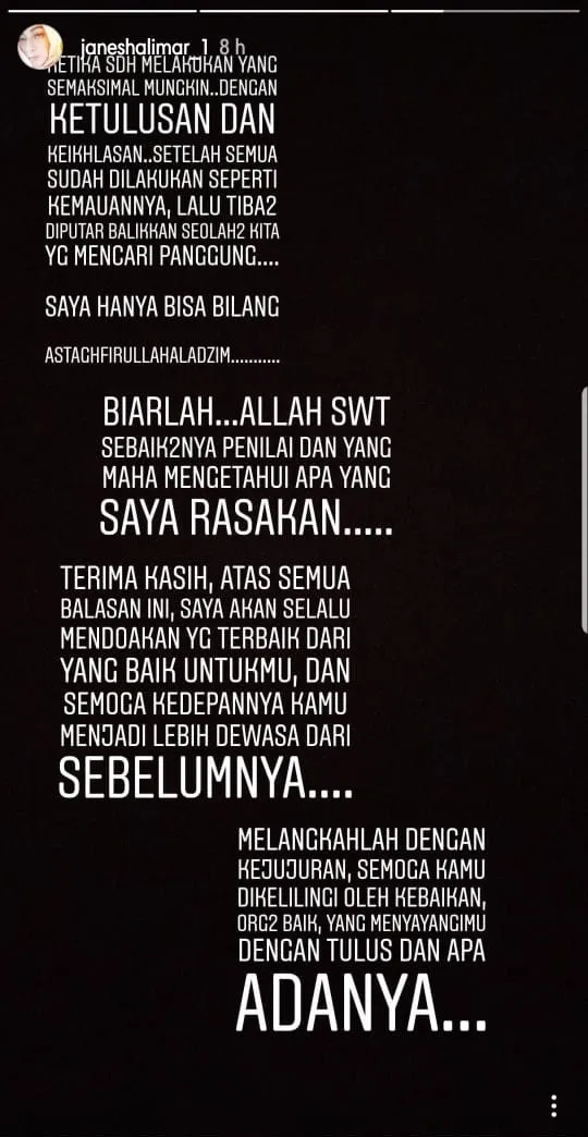 Jane Shalimar ungkap isi hatinya © instagram.com/janeshalimar diunduh pada Rabu (9/1) pukul 09.38 WIB