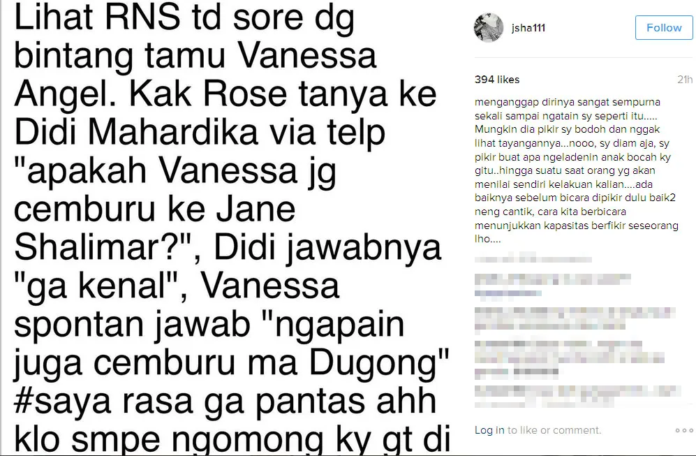 Jane Shalimar marah gara-gara sindiran Vanessa Angel © Instagram.com/jsha111