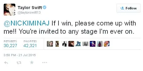Taylor Swift berjanji mengundang Nicki Minaj ke atas panggung jika ia menang ©Twitter.com/taylorswift13