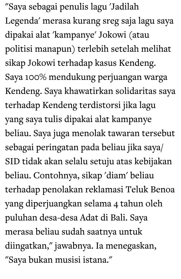 Jerinx menolak tawaran Presiden Jokowi untuk menggunakan lagu 'Jadilah Legenda' © twitter.com/damnoise