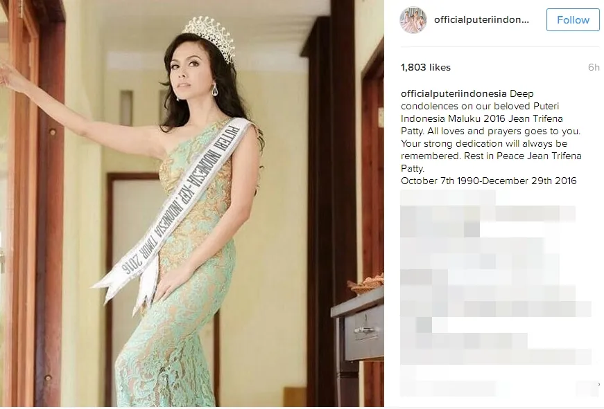 Jean Patty meninggal dunia hari ini, Kamis (29/12) ©instagram/officialputeriindonesia