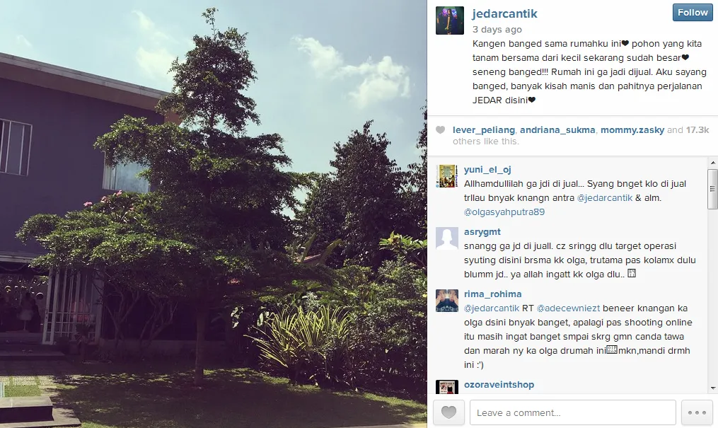 Jedar batal jual rumahnya yang ini. @instagram/jedarcantik