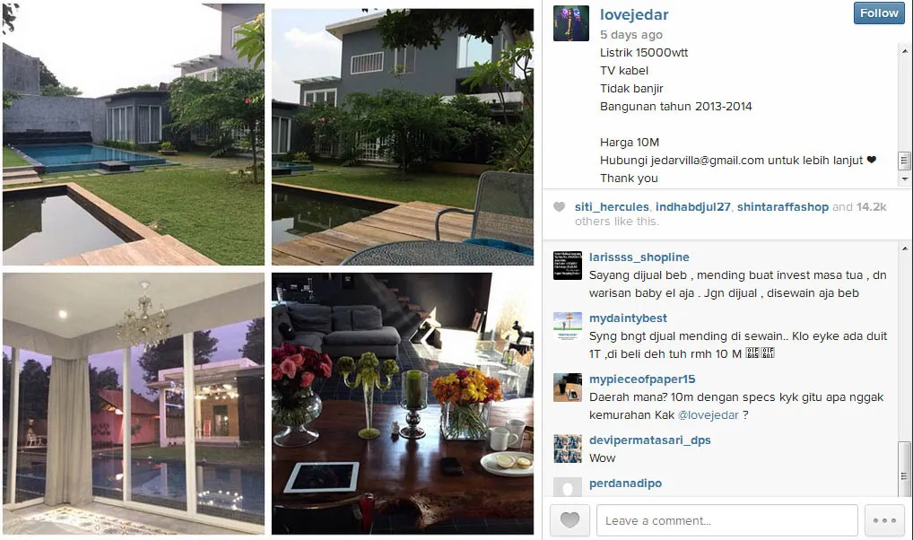 Jessica Iskandar jual rumahnya Rp 10 miliar. @instagram