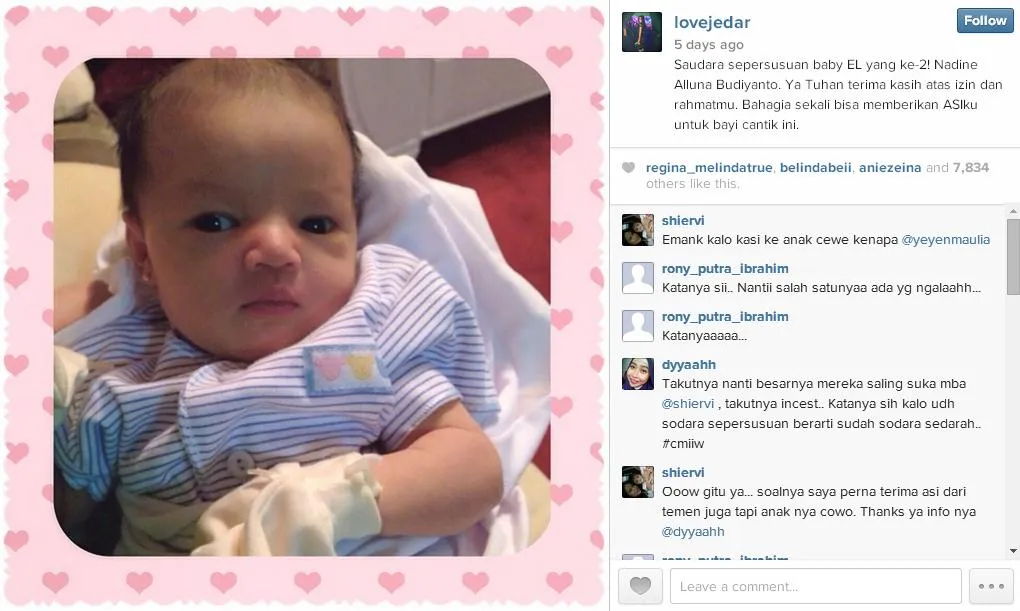 Inilah saudara sepersusuan baby El yang kedua @ instagram.com/lovejedar