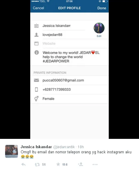 Curhatan Jedar mengenai IG-nya yang dihack / © Twitter