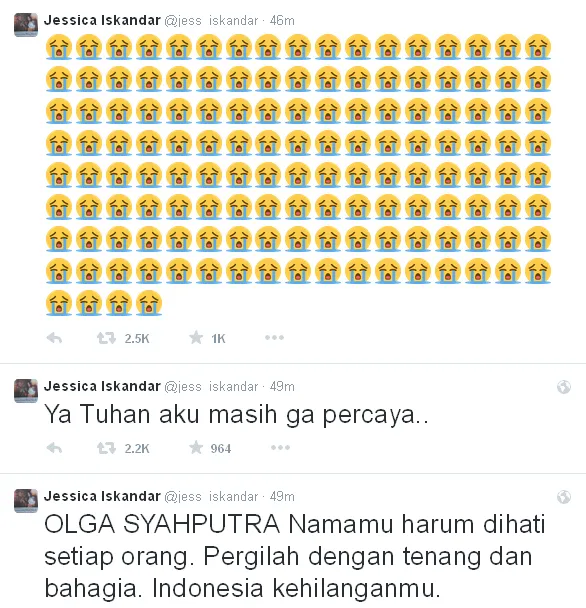 Tweet Jessica Iskandar mengenai Olga Syahputra / © Twitter