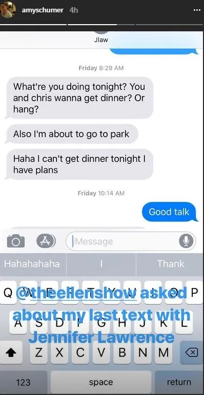 Amy Schumer berbagi pesan yang ditulis Jennifer Lawrence untuknya. © Instagram/amyschumer