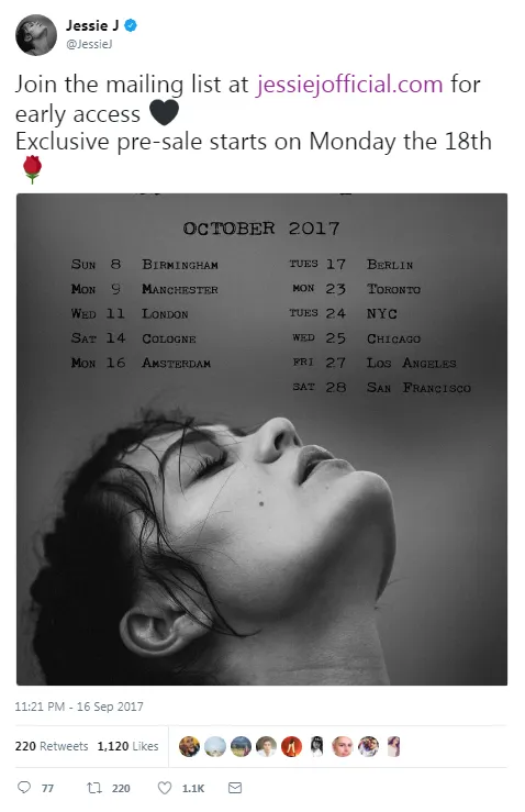 Melalui Twitter. Jessie J umumkan rangkaian tour di bulan Oktober mendatang © twitter.com/JessieJ