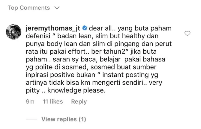 Jeremy Thomas menyayangkan komentar bernada body shamming terhadap sang istri © instagram.com/inathomas
