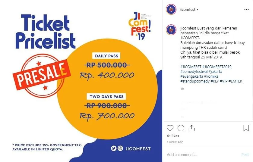 Harga tiket presale JICOMFEST 2019. (credit: Instagram.com/jicomfest)