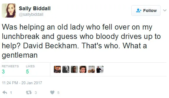 David Beckham juga memberikan air minumnya sebelum menanyakan keadaan wanita yang pingsan itu © twitter.com/sallybiddall