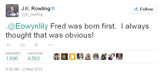Jawaban JK Rowling tentang siapa yang lahir lebih dulu di antara kembar Weasly © twitter.com/jk_rowling
