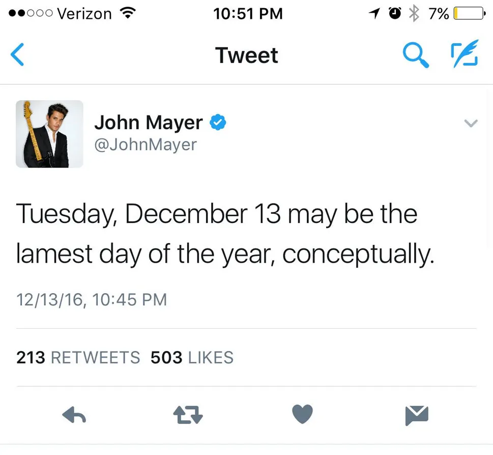 Cuitan John Mayer di Twitter dianggap menyindir mantan kekasihnya, Taylor Swift © twitter.com/Katie_Krause