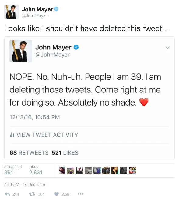 Tak butuh waktu lama, John Mayer segera menepis kabar kalau dirinya menyindir Taylor Swift © twitter.com/JohnMayer