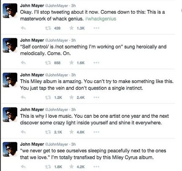 Komentar John Mayer mengenai album Miley Cyrus © Twitter.com/John Mayer