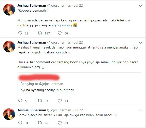 Tanggapan Joshua Suherman soal kontroversi Young Lex. © Twitter.com/jojosuherman