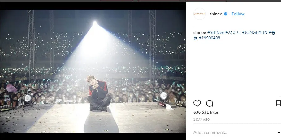 Akun socmed SHINee memberikan penghormatan pada mendiang Jonghyun. © Instagram/shinee