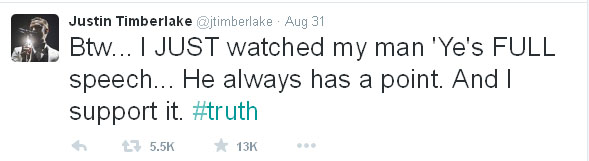 Tanggapan Justin Timberlake akan pidato Kanye West © Twitter.com/JustinTimberlake