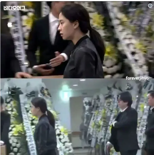 Song Ji Hyo saat menghadiri pemakaman Kim Joo Hyuk. Twitter/foreverjihyo