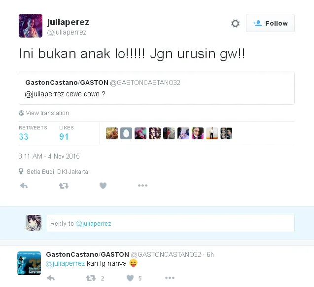 Jupe tegaskan tak ingin berhubungan lagi dengan Gaston © Twitter/juliaperrez