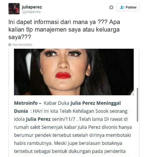 Jupe diberitakan meninggal dunia © Twitter/juliaperrez