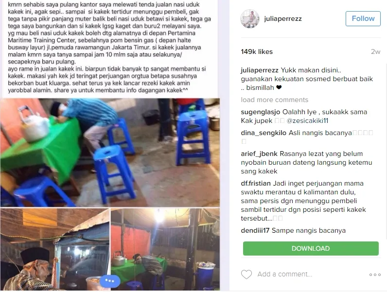 Julia Perez posting seorang kakek penjual nasi uduk di instagramnya. Šinstagram.com/juliaperrezz