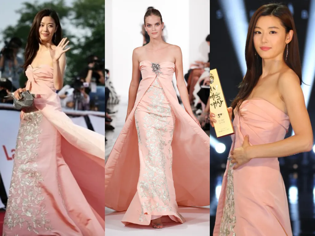 Jun Ji Hyun mengenakan gaun Oscar de la Renta RTW Spring 2014 | Foto: Soompi.com