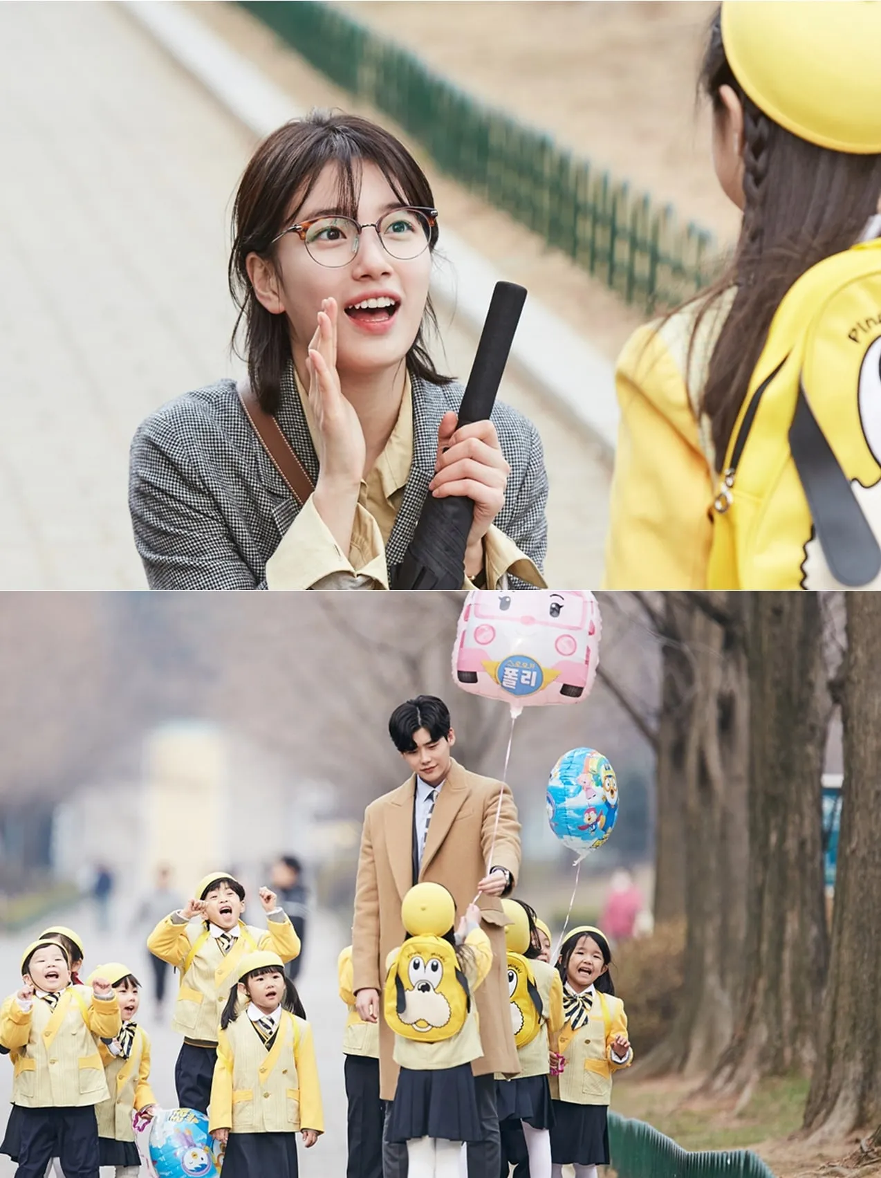 Nam Hong Joo dan Jung Jae Chan yang sama-sama berpapasan dengan sekelompok anak TK. © SBS