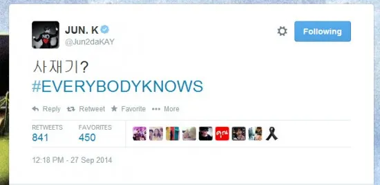 Jun.K menulis pesan Twitter mengenai kecurigaan adanya manipulasi chart musik Korea @allkpo.com