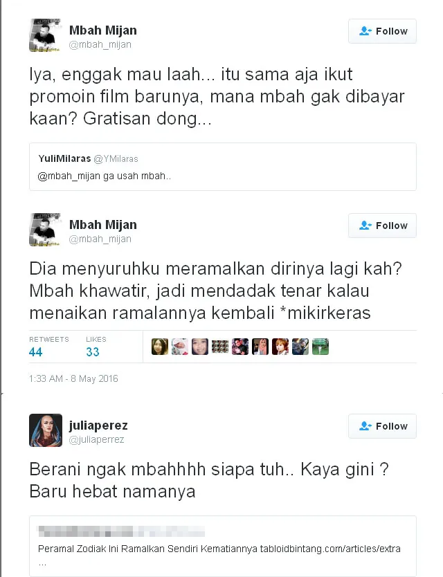 Twitwar Julia Perez dan Mbah Mijan © Twitter.com/mbah_mijan