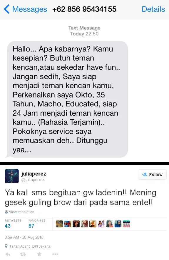 Jupe lebih pilih ladeni guling daripada SMS nakal © twitter.com/juliaperrez