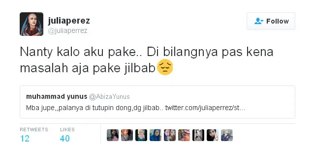 Julia Perez disarankan berhijab oleh netizen © Twitter.com/juliaperrez