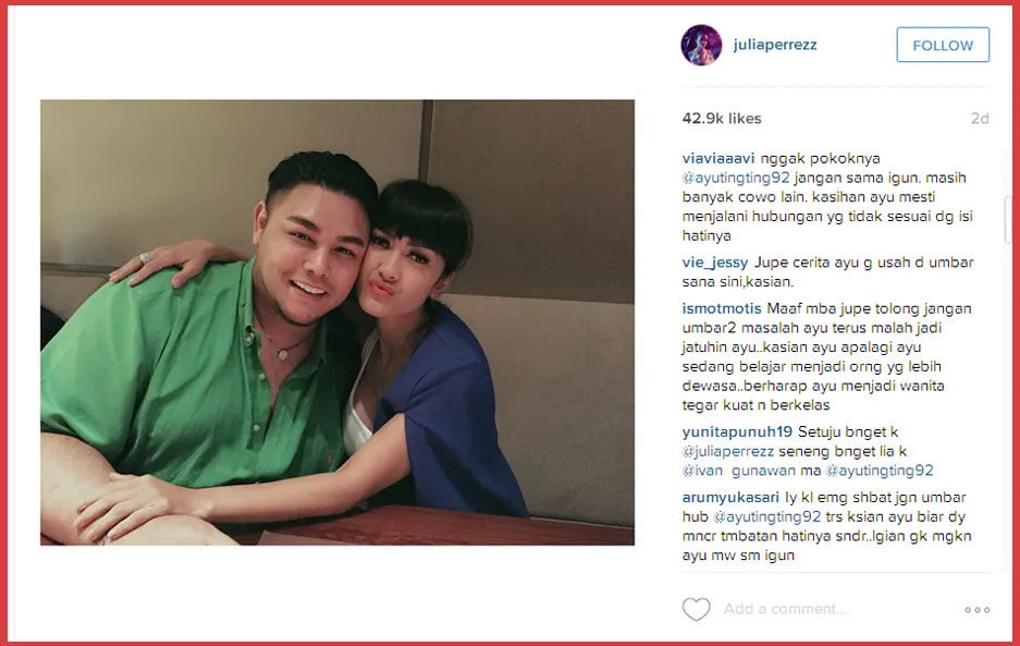 Jupe beberkan isi hati Igun ke publik © Instagram/@juliaperrezz